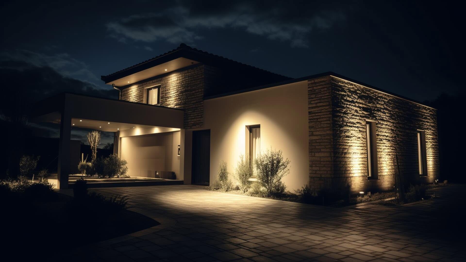 Landscape lighting highlighting a yard and walkway at dusk in Lee County, AL